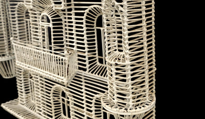 53" Tall  c1960s Very Fine Wall Wire Sculpture of Castle House Architecture