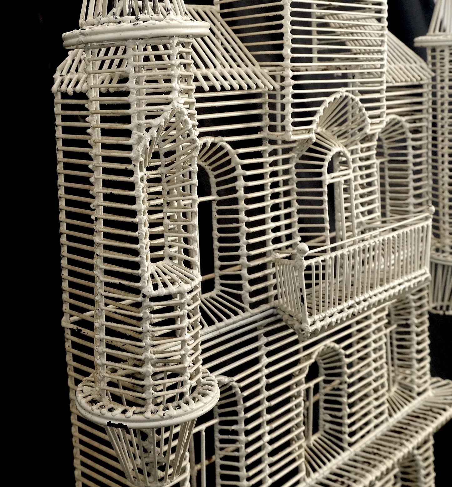 53" Tall  c1960s Very Fine Wall Wire Sculpture of Castle House Architecture