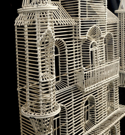 53" Tall  c1960s Very Fine Wall Wire Sculpture of Castle House Architecture