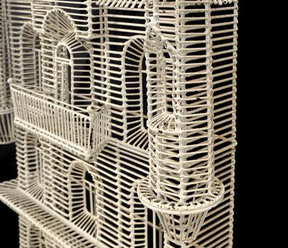 53" Tall  c1960s Very Fine Wall Wire Sculpture of Castle House Architecture
