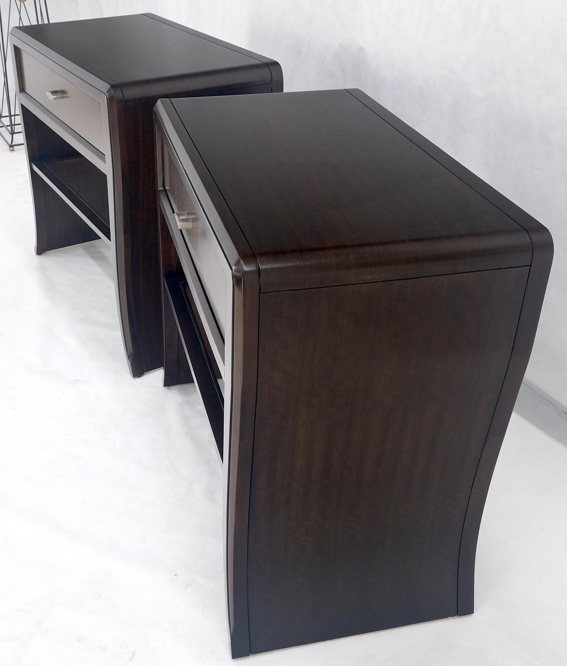 EstablishedLines Pair of Ebonized Mahogany Waterfall Art Deco Style Night Stands Cabinets MINT