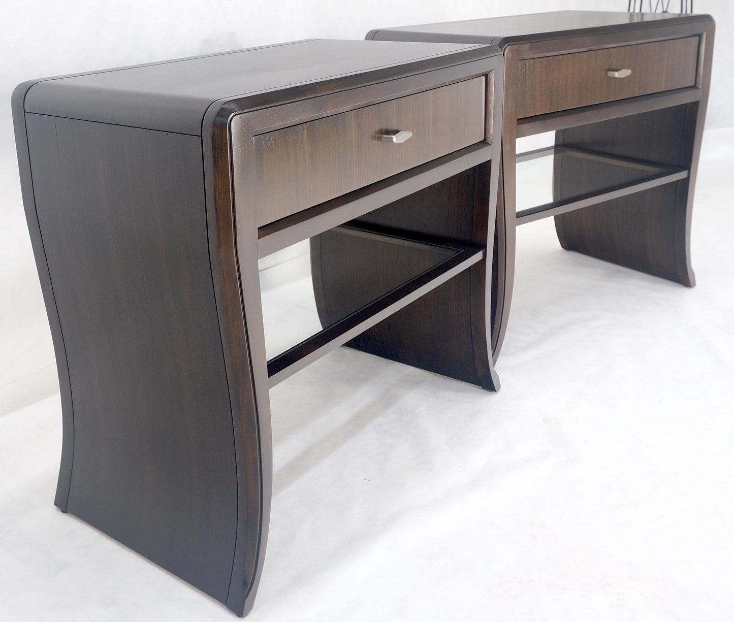 EstablishedLines Pair of Ebonized Mahogany Waterfall Art Deco Style Night Stands Cabinets MINT