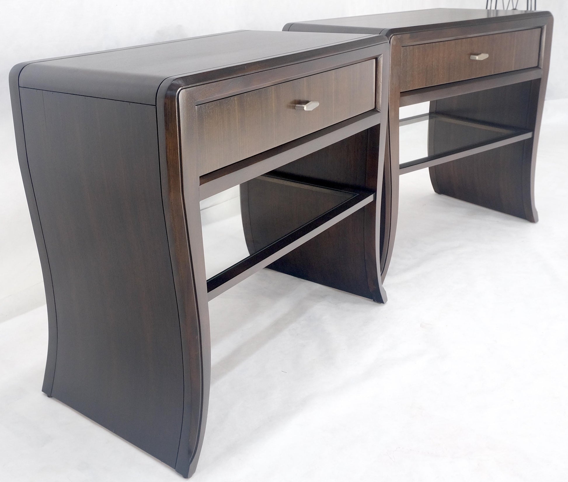 EstablishedLines Pair of Ebonized Mahogany Waterfall Art Deco Style Night Stands Cabinets MINT