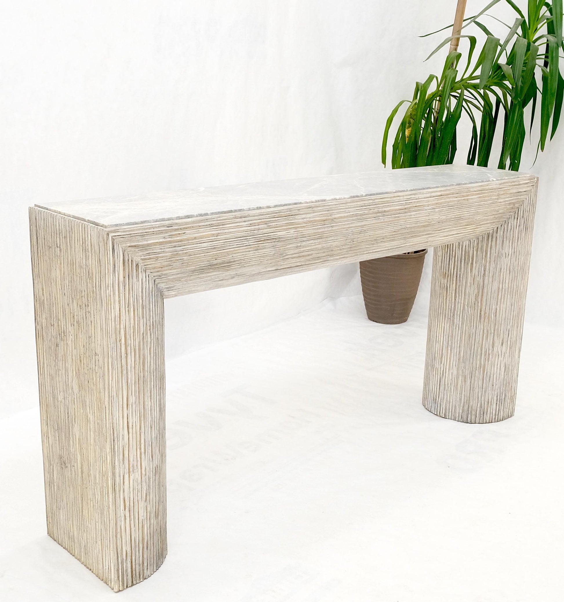 EstablishedLines Large Decorative Carved White Washed Wood Marble Top Console Sofa Table MINT!