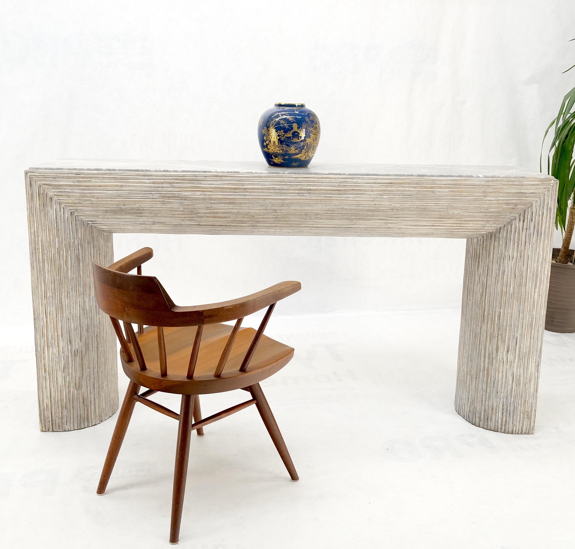 EstablishedLines Large Decorative Carved White Washed Wood Marble Top Console Sofa Table MINT!