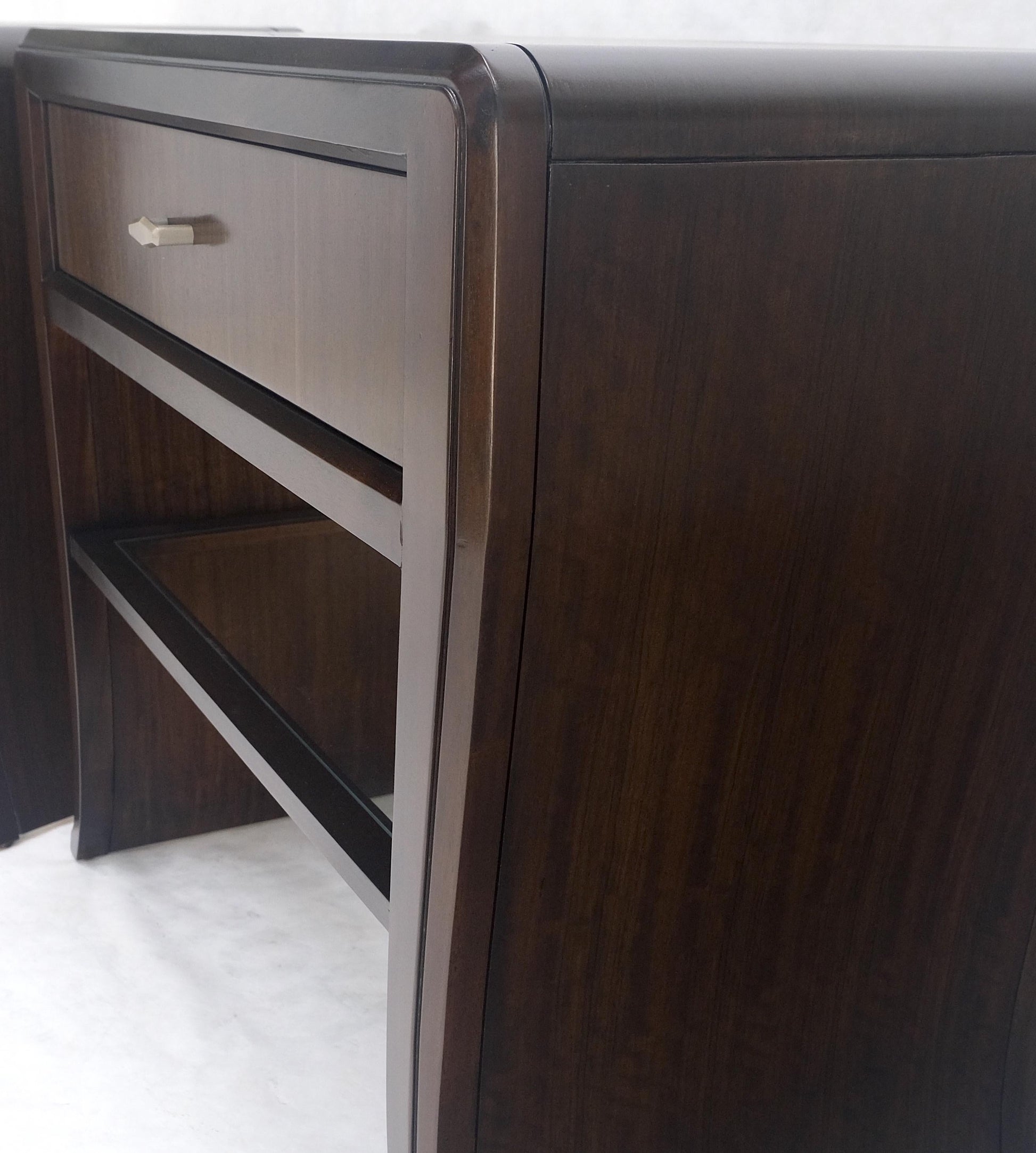 EstablishedLines Pair of Ebonized Mahogany Waterfall Art Deco Style Night Stands Cabinets MINT