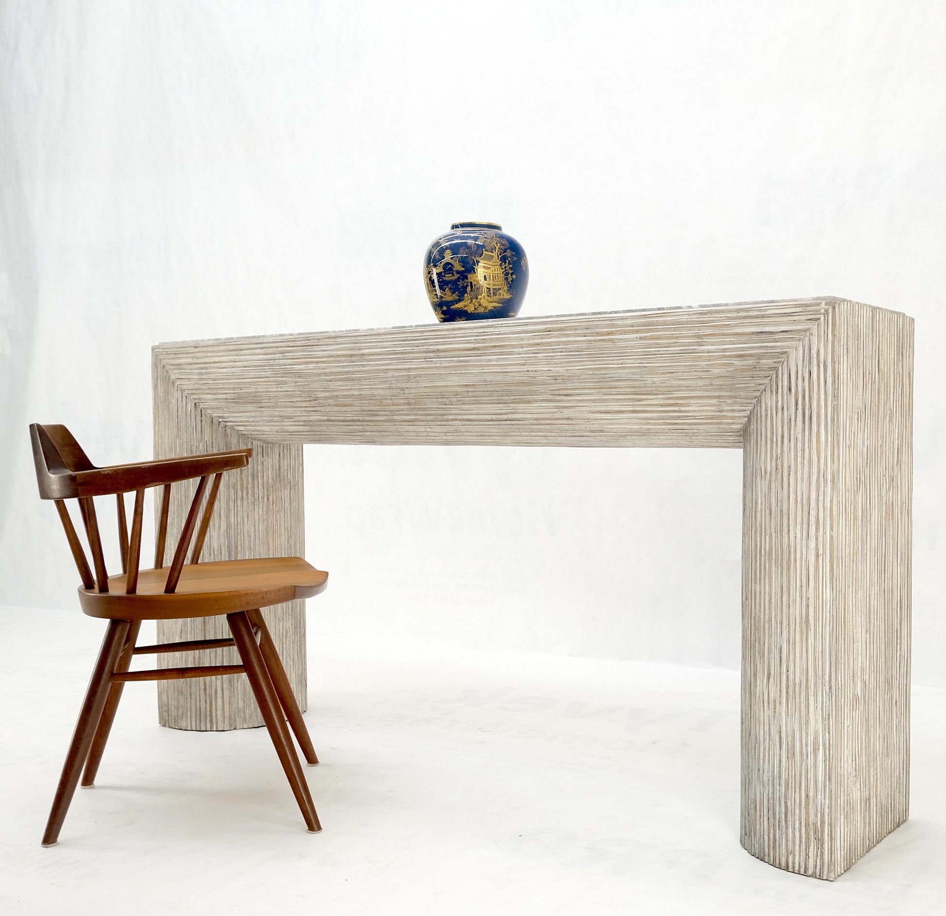 EstablishedLines Large Decorative Carved White Washed Wood Marble Top Console Sofa Table MINT!