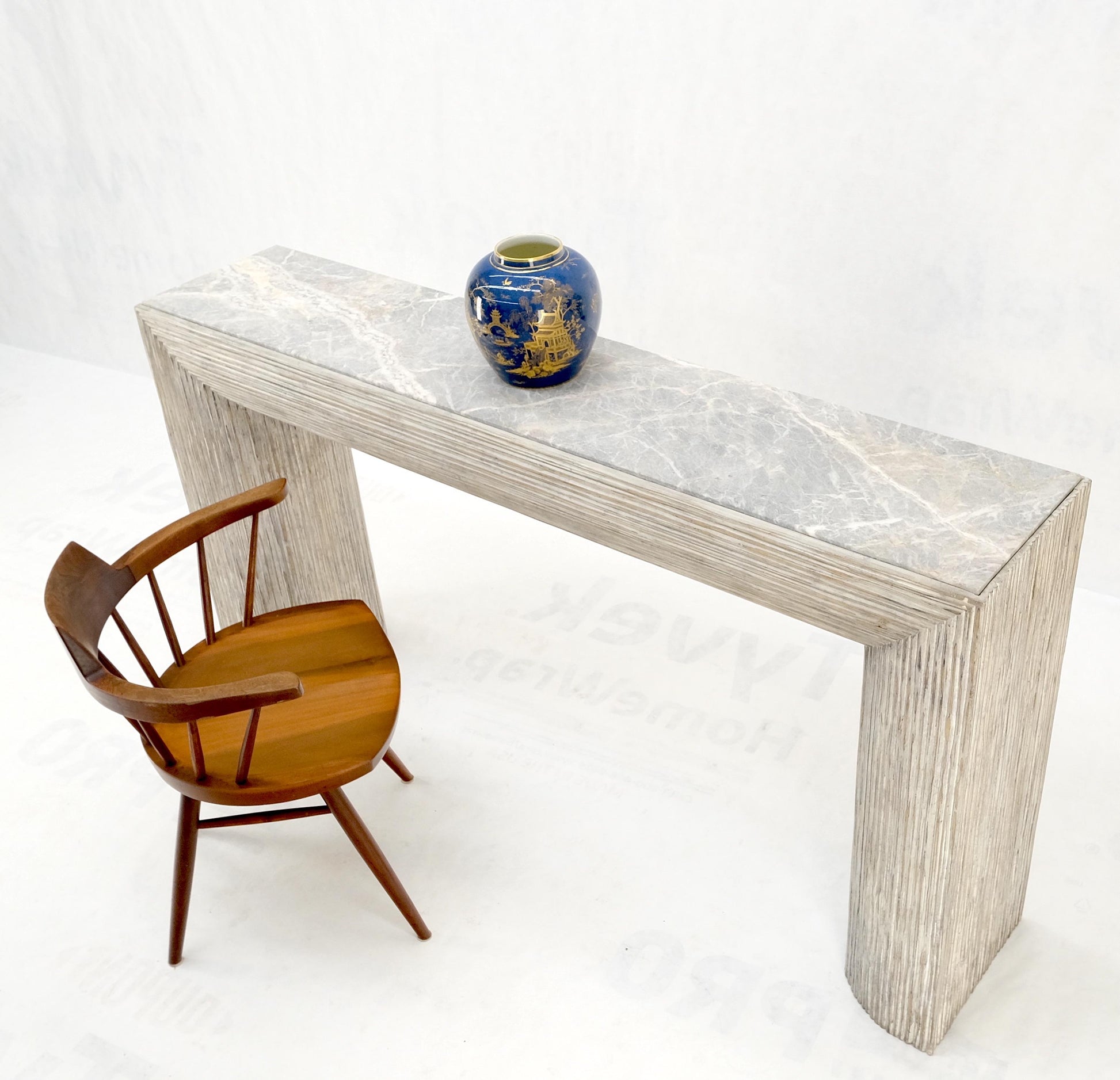EstablishedLines Large Decorative Carved White Washed Wood Marble Top Console Sofa Table MINT!