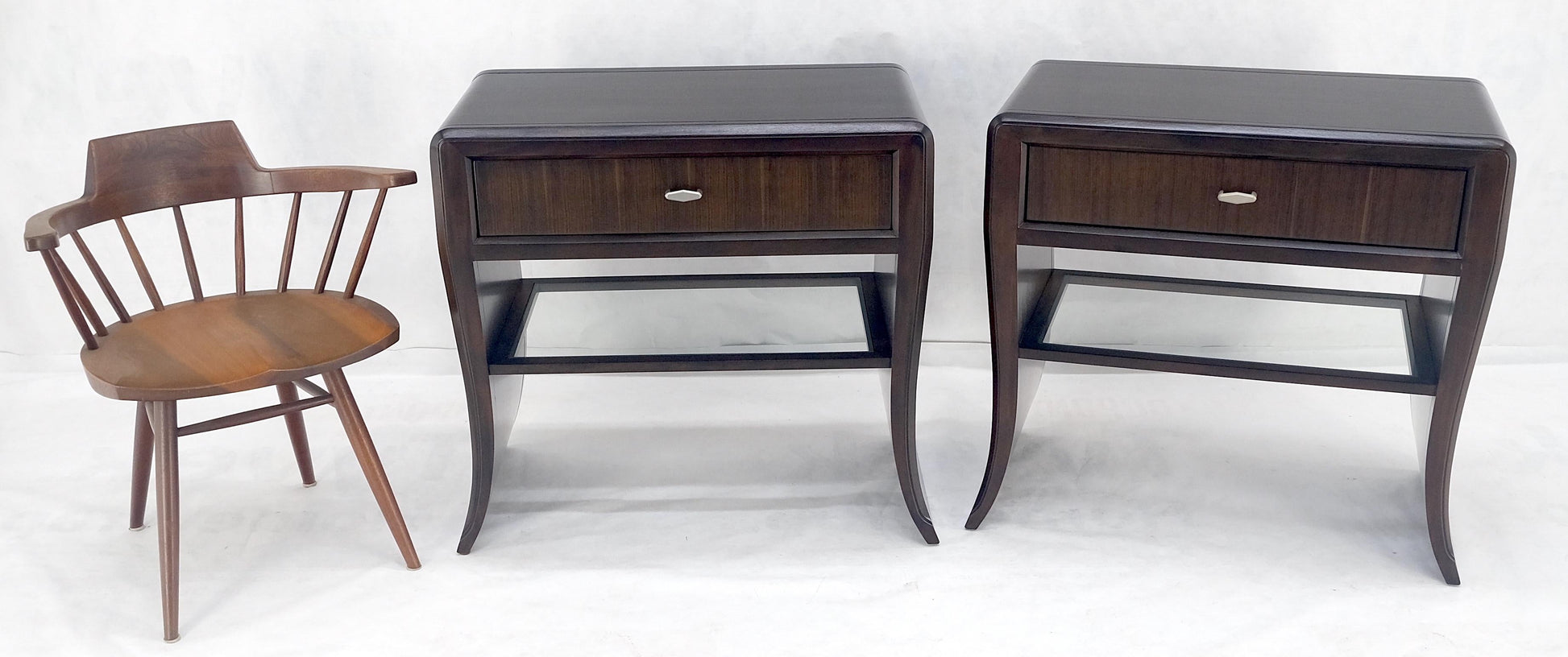 EstablishedLines Pair of Ebonized Mahogany Waterfall Art Deco Style Night Stands Cabinets MINT