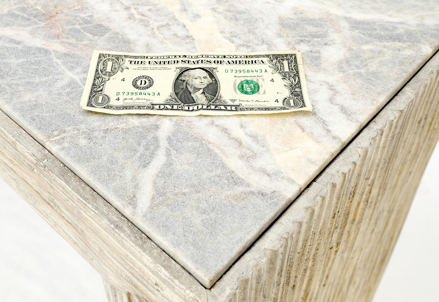 EstablishedLines Large Decorative Carved White Washed Wood Marble Top Console Sofa Table MINT!