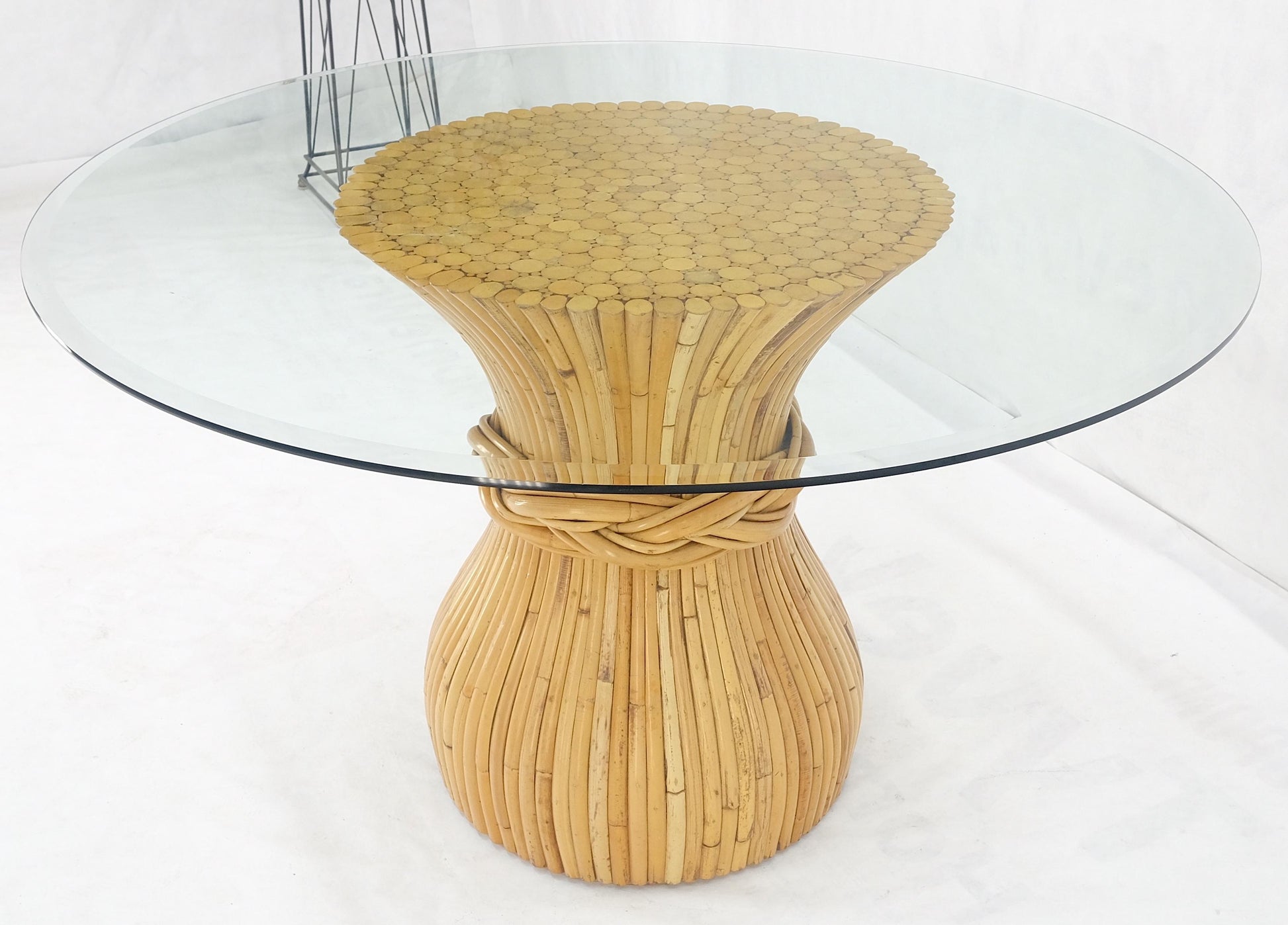 EstablishedLines Sheaf of Bamboo Round Glass Top Onion Shape Single Pedestal Dining Table MINT