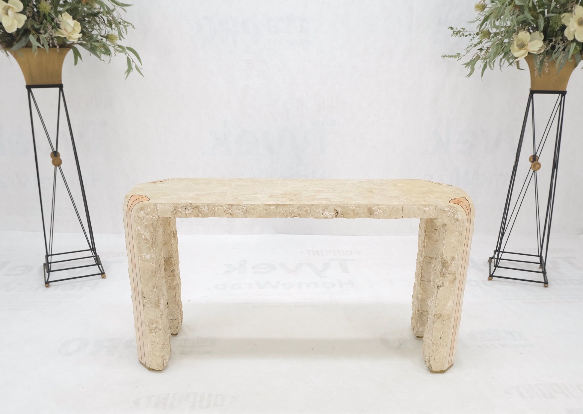 EstablishedLines Tesselated Stone Marble Brass Inlaid Console Sofa Entry Hall  Table w/ Mirror
