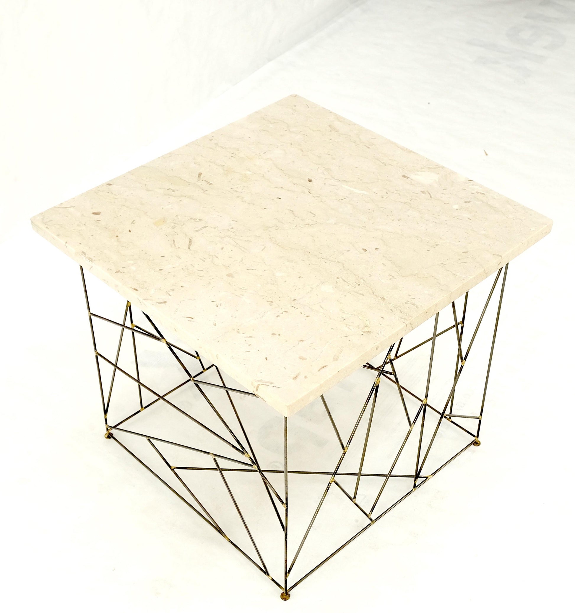 EstablishedLines Travertine Top Wire Base Square Side End Table Stand Mid-Century Modern MINT!