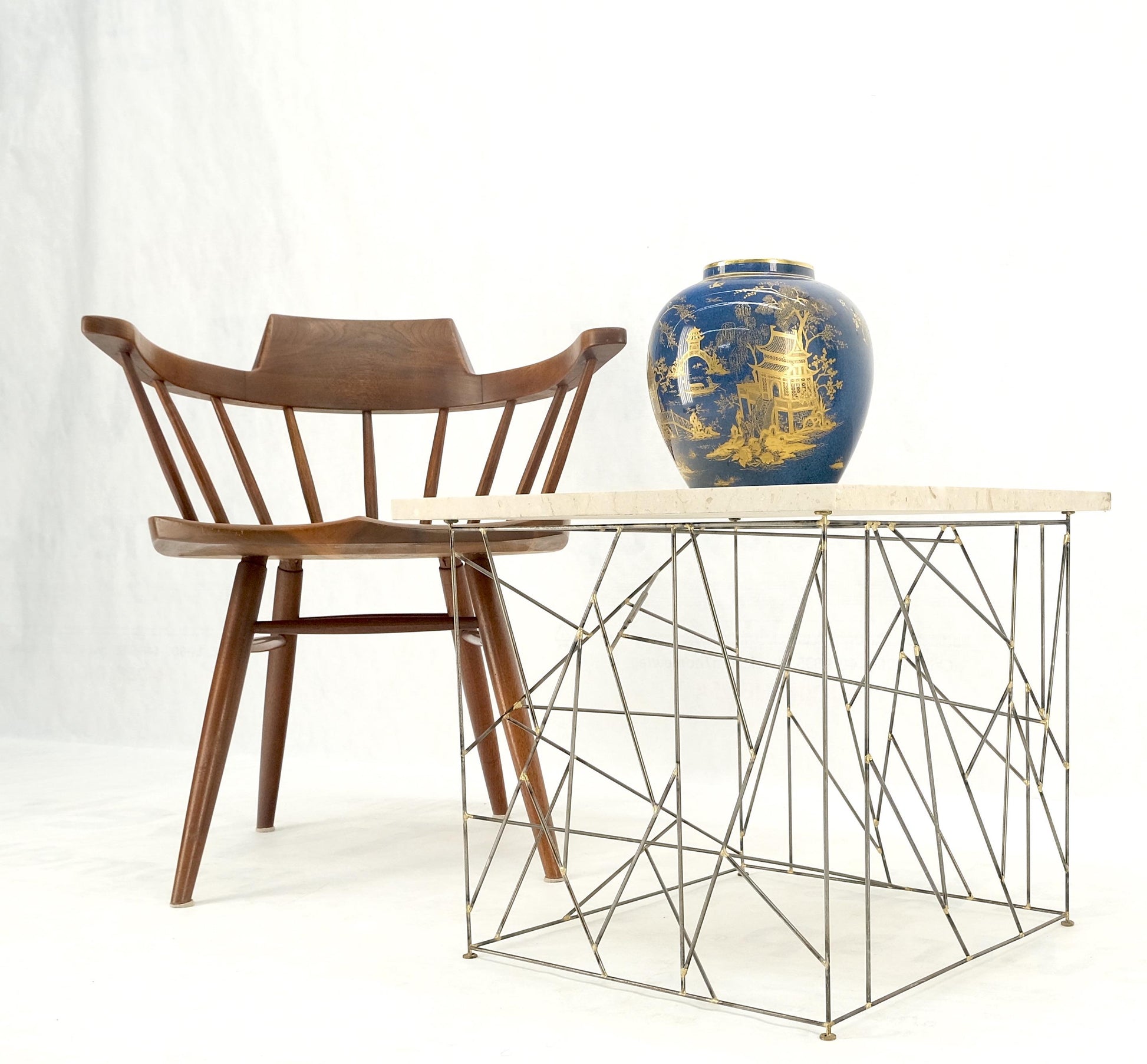 EstablishedLines Travertine Top Wire Base Square Side End Table Stand Mid-Century Modern MINT!