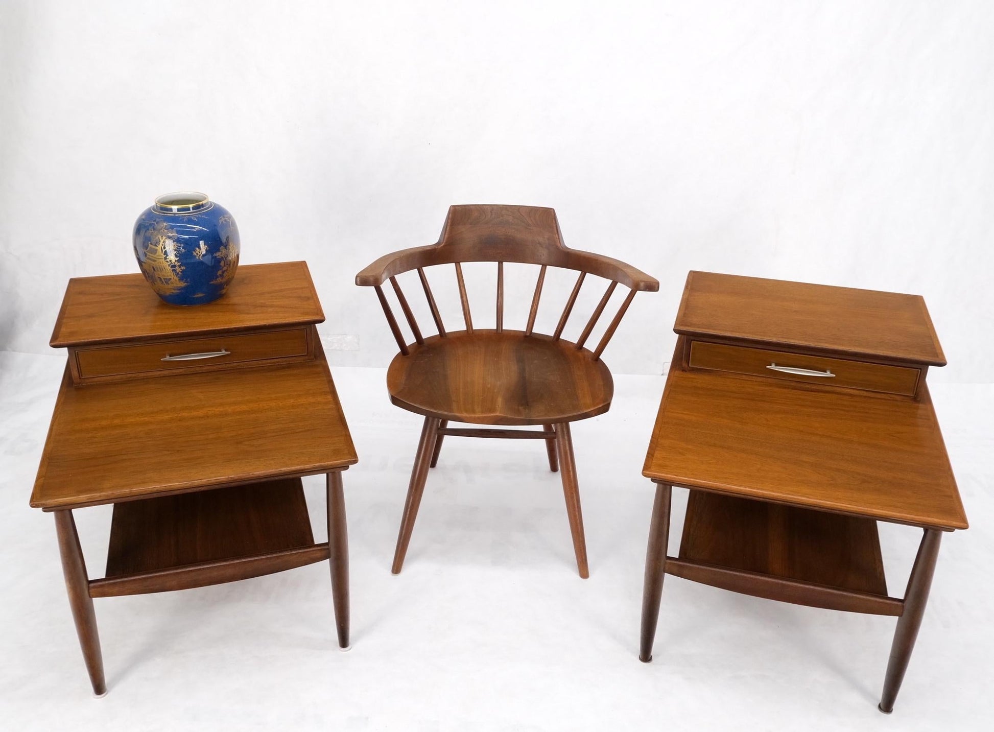 EstablishedLines Pair Walnut American Mid-Century Modern One Drawer Step End Tables Stands Mint!