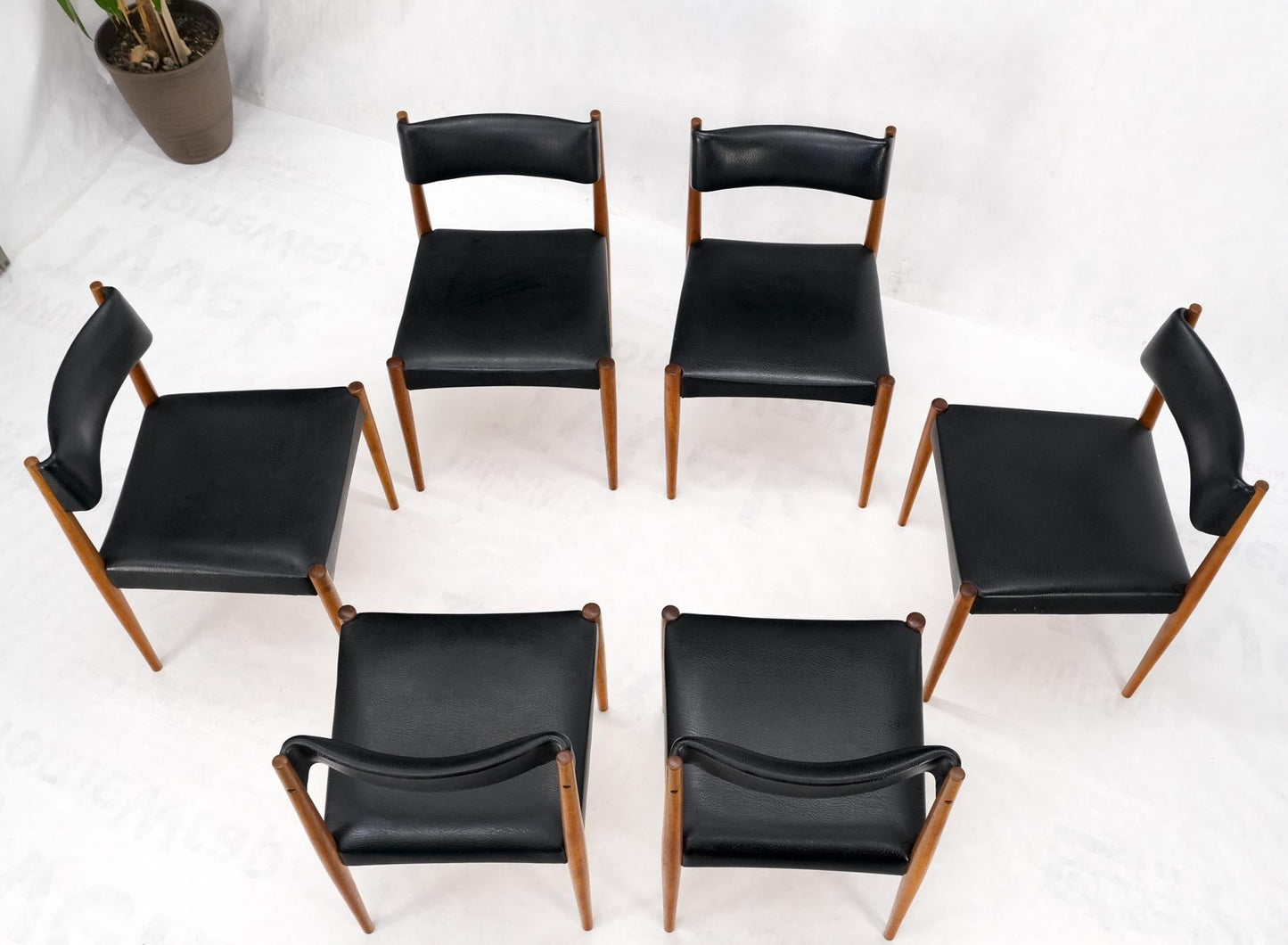 EstablishedLines Set of 6 Danish Teak Mid Century Modern Dining Chairs in Black Upholstery