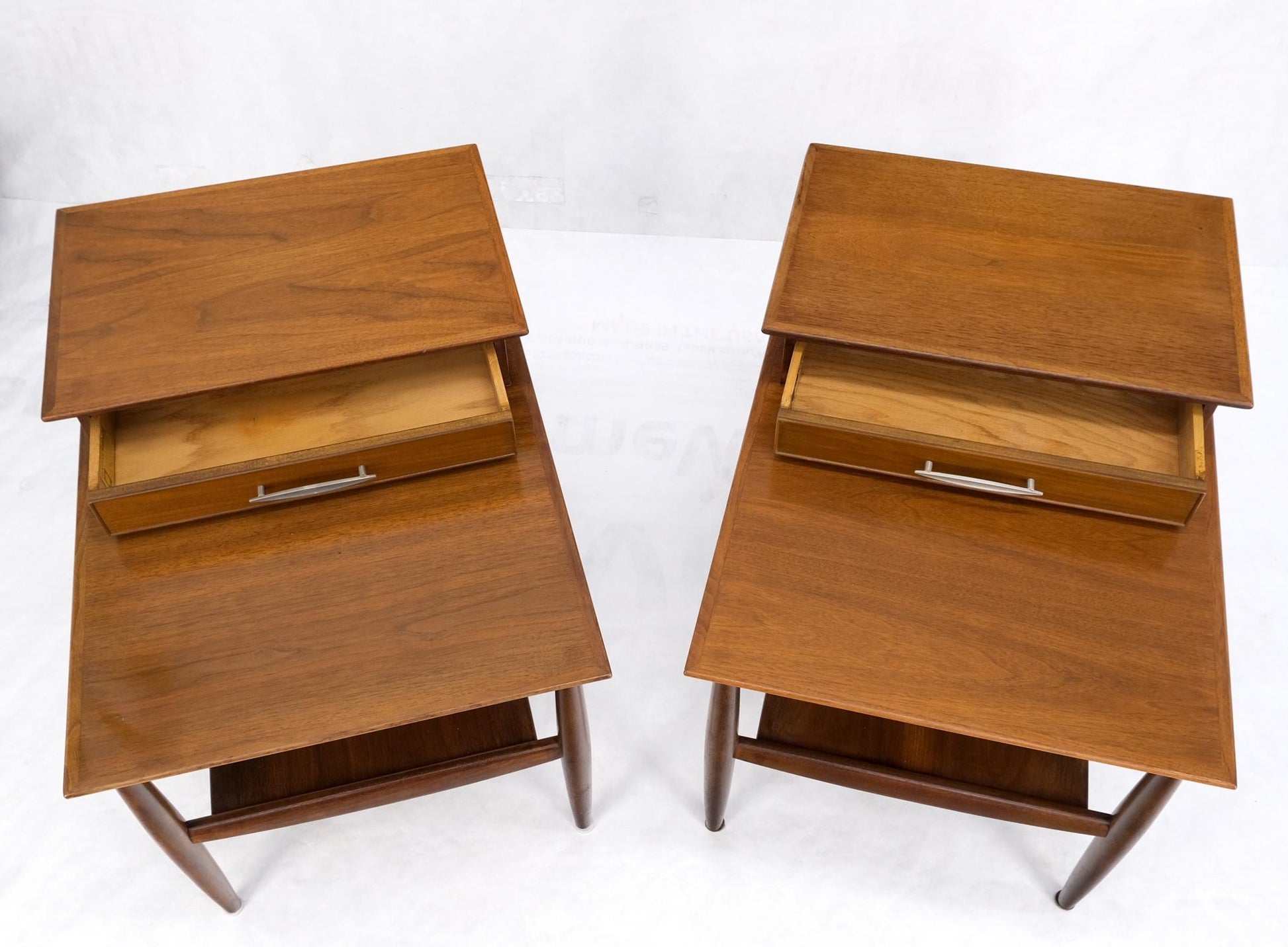 EstablishedLines Pair Walnut American Mid-Century Modern One Drawer Step End Tables Stands Mint!