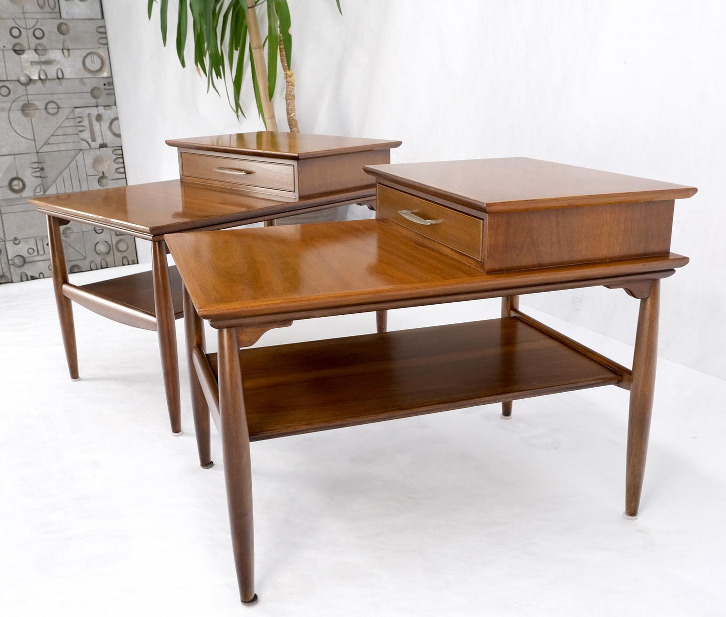 EstablishedLines Pair Walnut American Mid-Century Modern One Drawer Step End Tables Stands Mint!