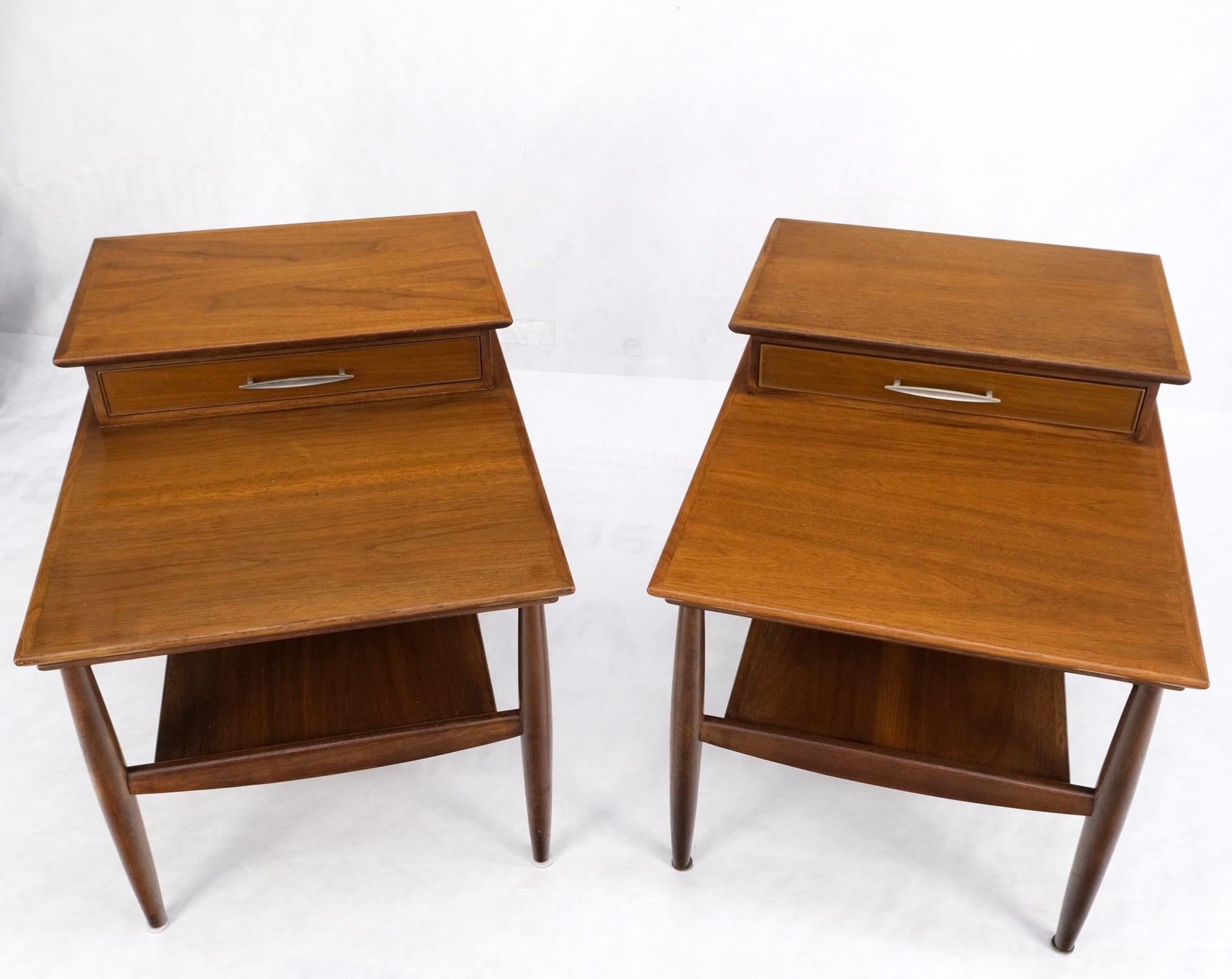 EstablishedLines Pair Walnut American Mid-Century Modern One Drawer Step End Tables Stands Mint!
