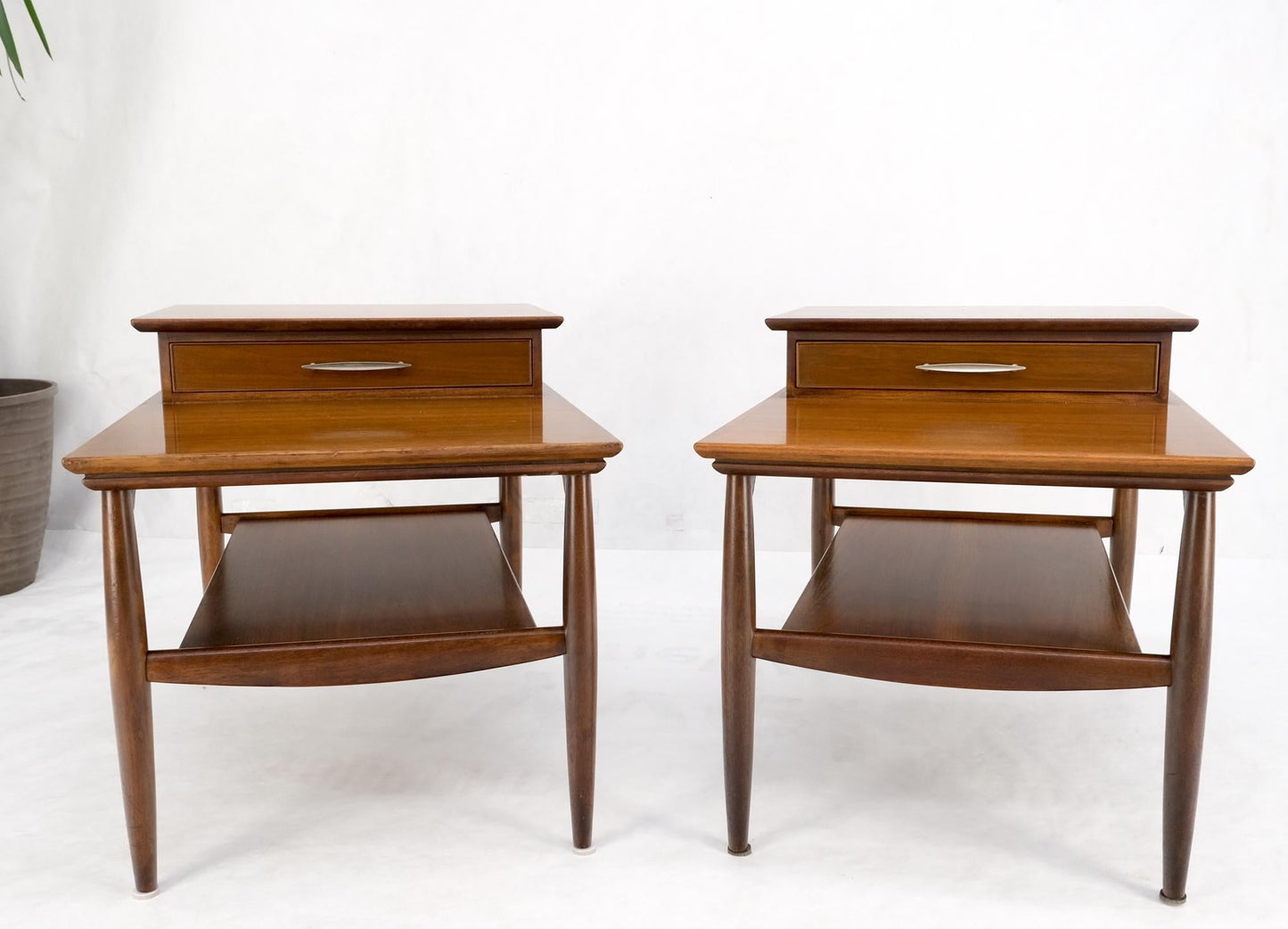 EstablishedLines Pair Walnut American Mid-Century Modern One Drawer Step End Tables Stands Mint!