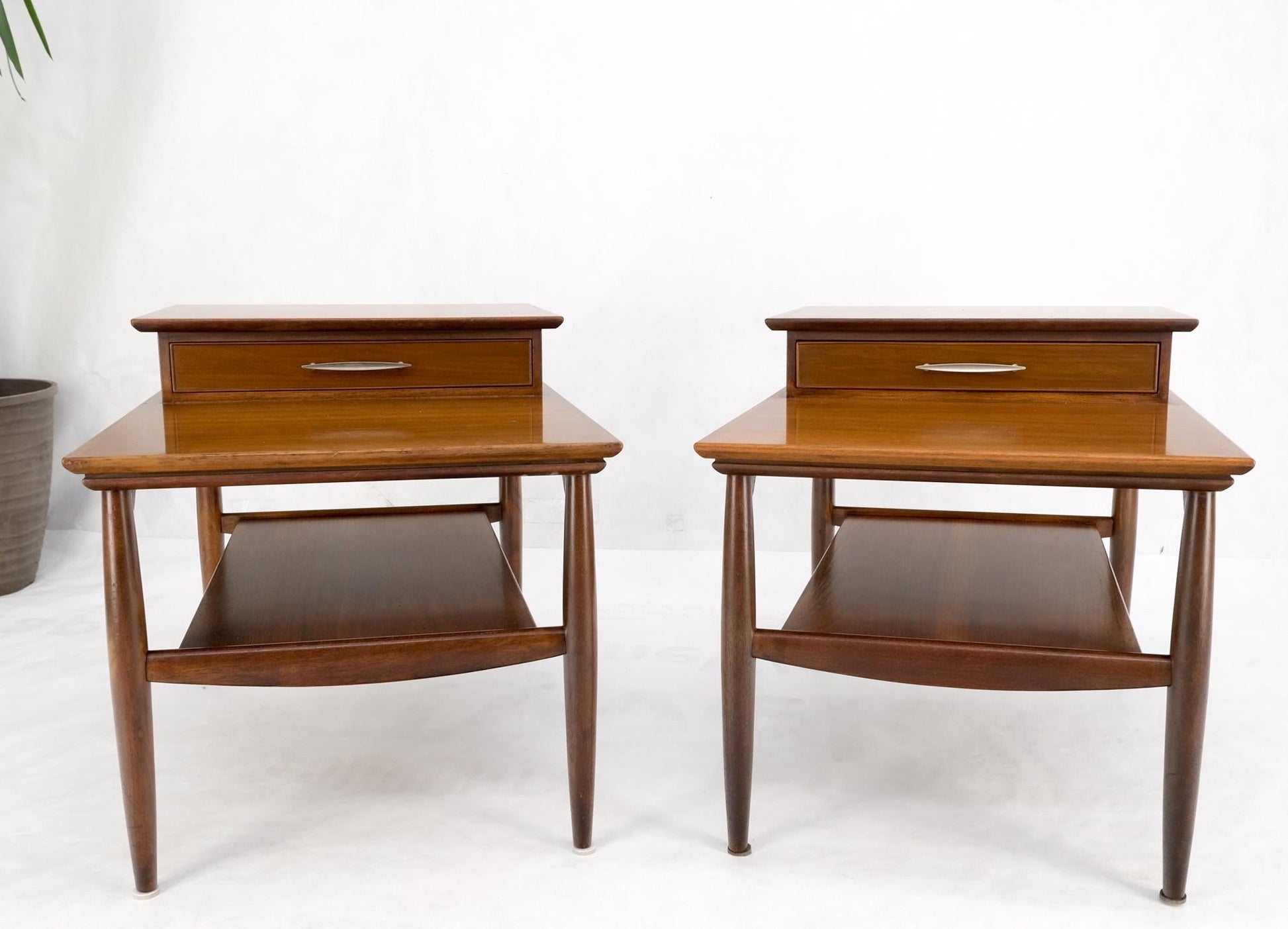 EstablishedLines Pair Walnut American Mid-Century Modern One Drawer Step End Tables Stands Mint!