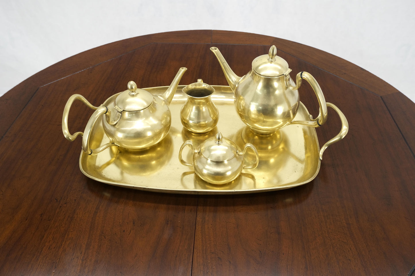 EstablishedLines Solid Brass 5 Pcs Teas Set Tray Two Pots Cream Sugar Heavy Gage Brass