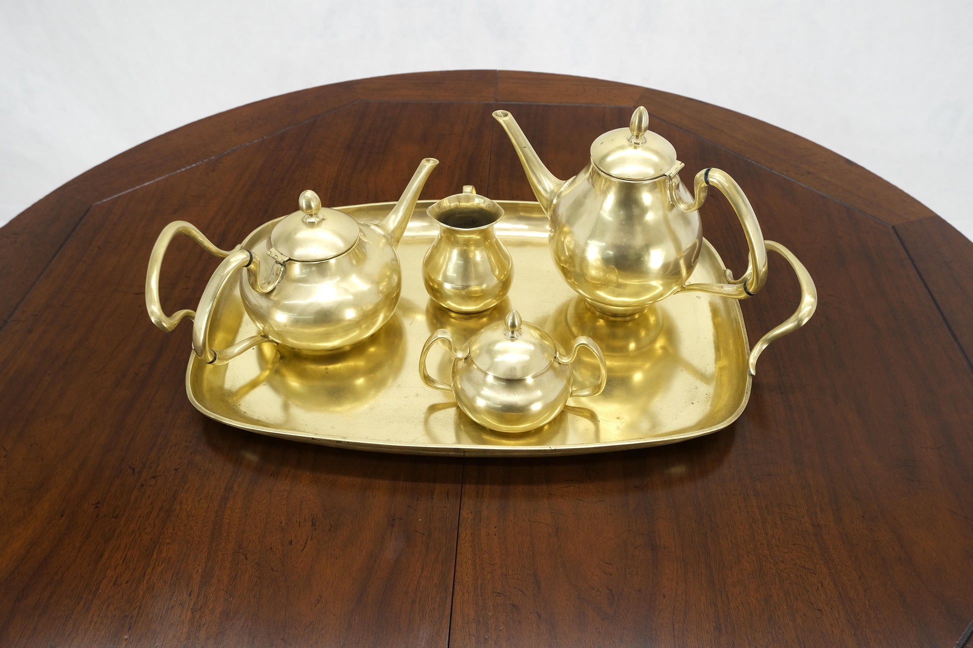 EstablishedLines Solid Brass 5 Pcs Teas Set Tray Two Pots Cream Sugar Heavy Gage Brass