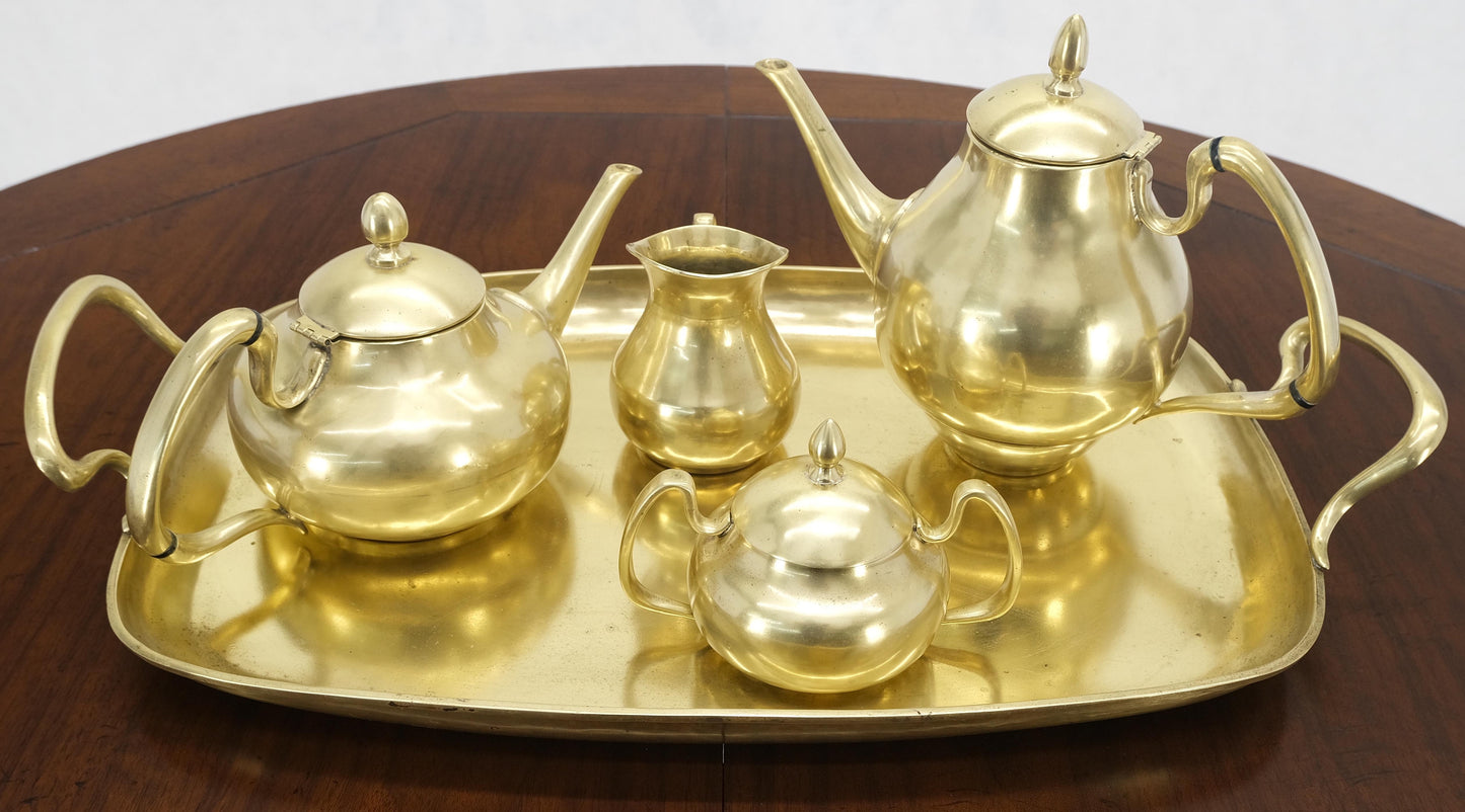 EstablishedLines Solid Brass 5 Pcs Teas Set Tray Two Pots Cream Sugar Heavy Gage Brass