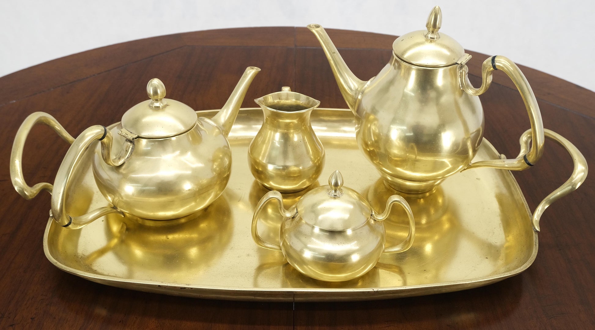 EstablishedLines Solid Brass 5 Pcs Teas Set Tray Two Pots Cream Sugar Heavy Gage Brass
