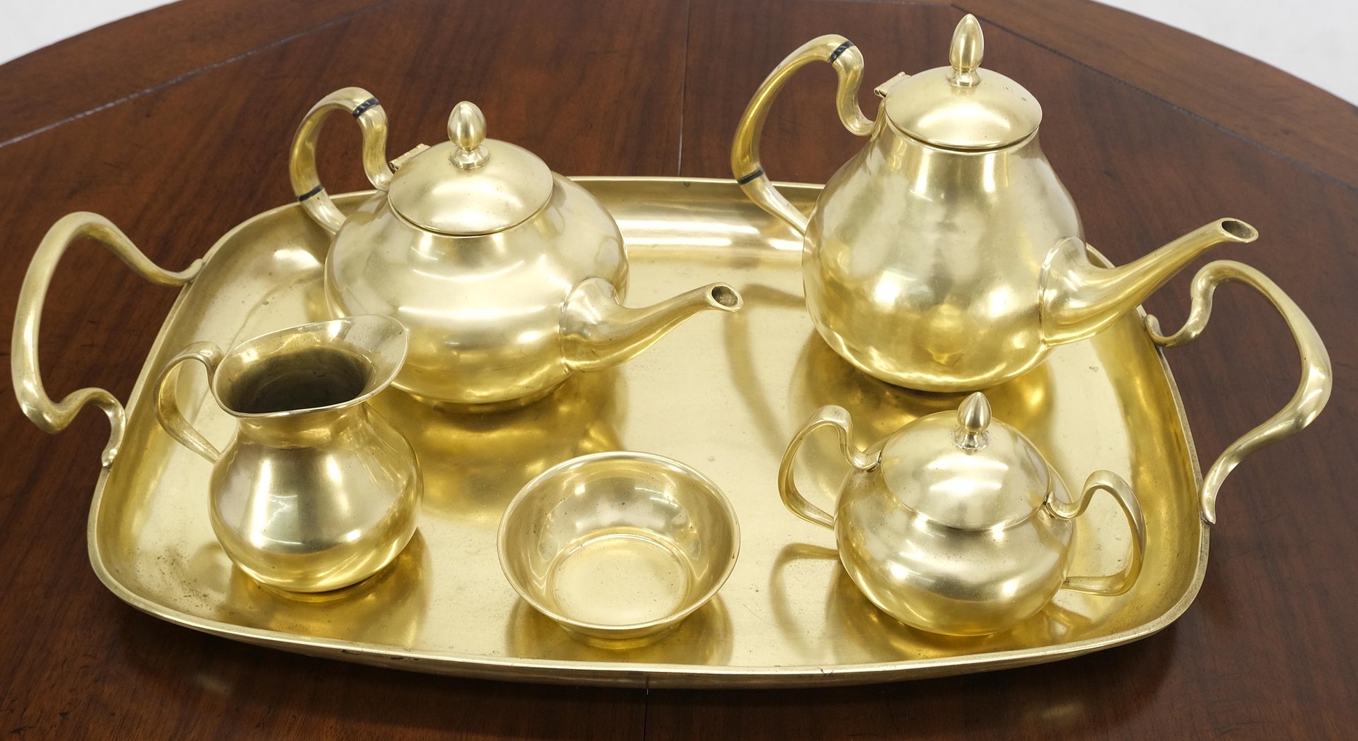 EstablishedLines Solid Brass 5 Pcs Teas Set Tray Two Pots Cream Sugar Heavy Gage Brass
