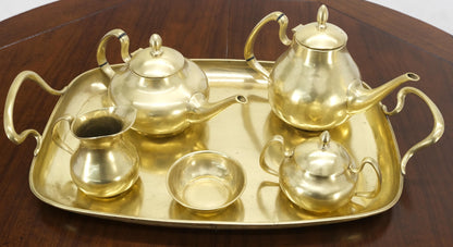 EstablishedLines Solid Brass 5 Pcs Teas Set Tray Two Pots Cream Sugar Heavy Gage Brass