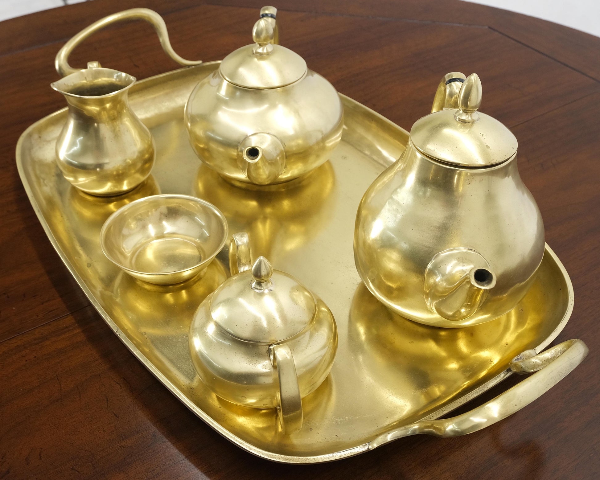 EstablishedLines Solid Brass 5 Pcs Teas Set Tray Two Pots Cream Sugar Heavy Gage Brass