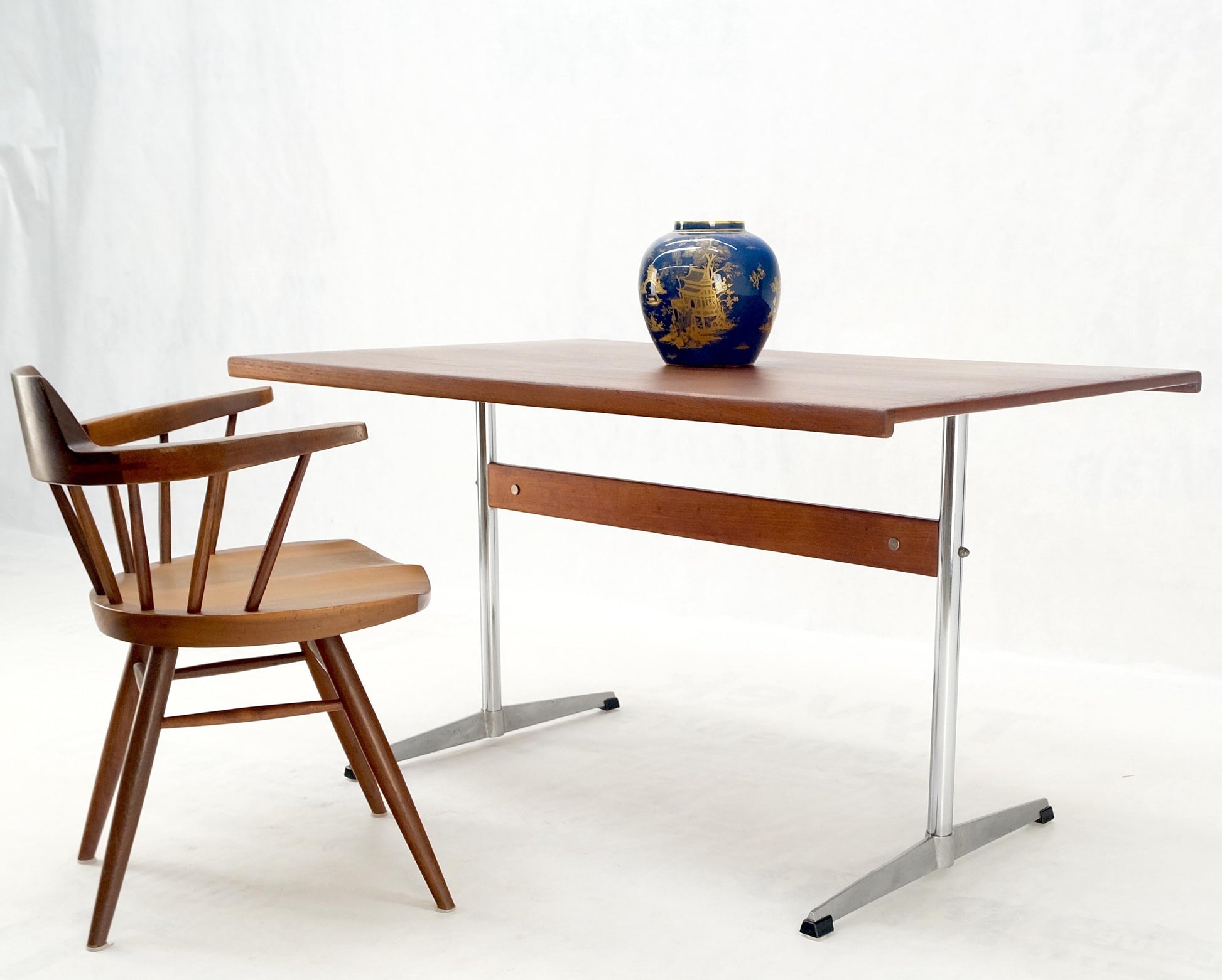 EstablishedLines Teak & Chrome Base Mid Century Danish Modern Petit Desk Console Writing Table