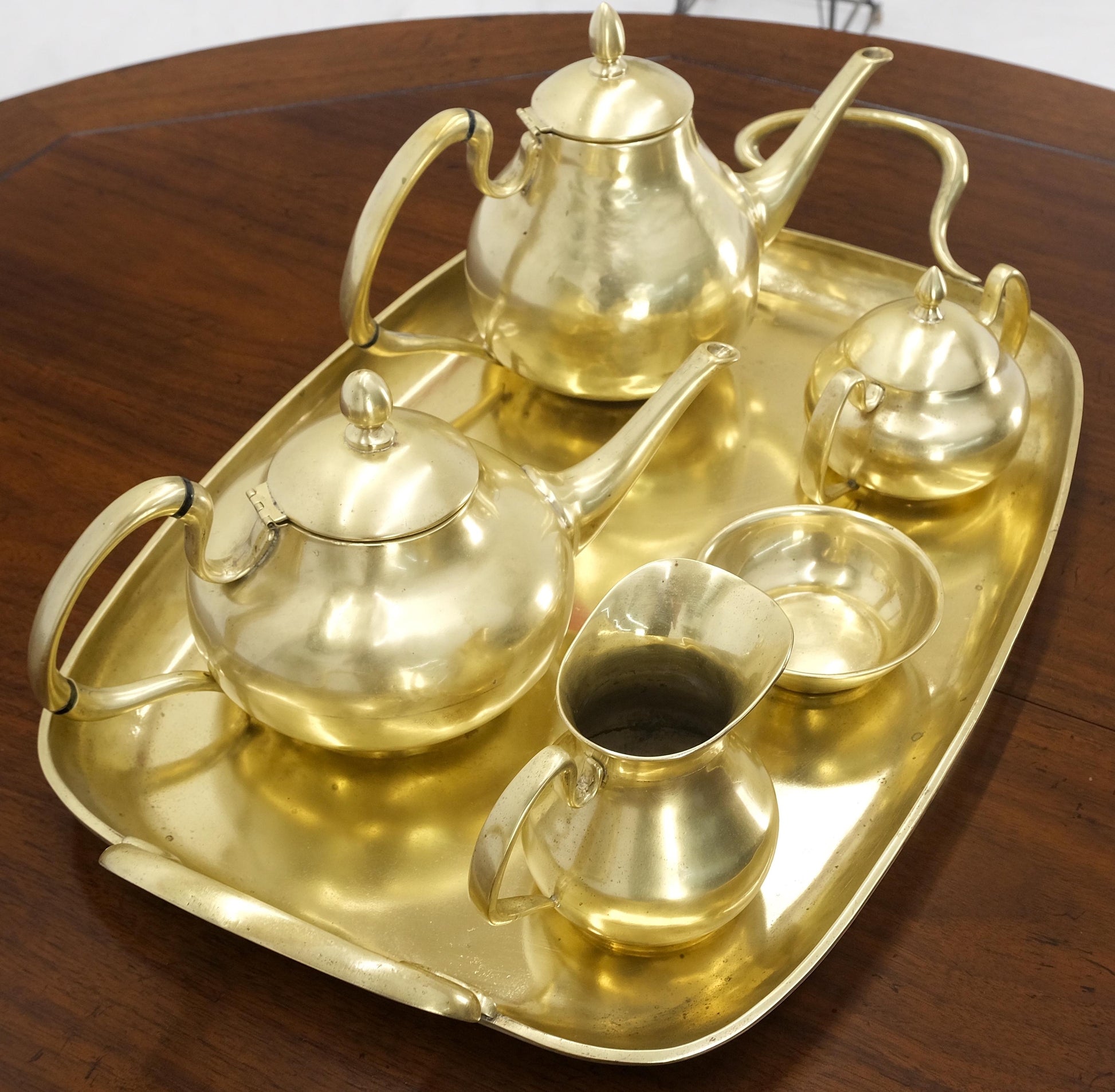 EstablishedLines Solid Brass 5 Pcs Teas Set Tray Two Pots Cream Sugar Heavy Gage Brass
