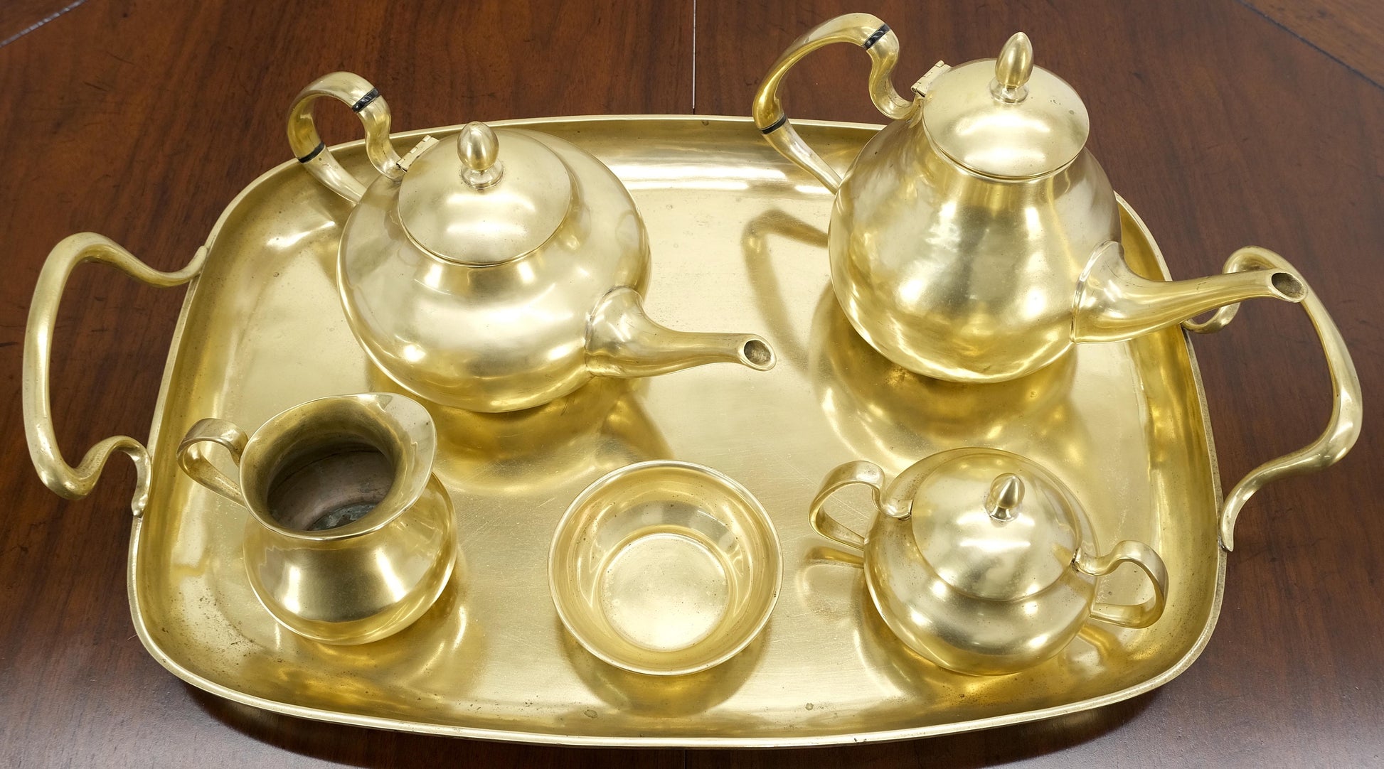 EstablishedLines Solid Brass 5 Pcs Teas Set Tray Two Pots Cream Sugar Heavy Gage Brass