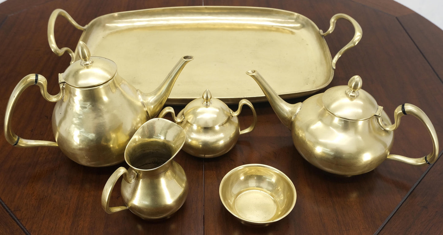 EstablishedLines Solid Brass 5 Pcs Teas Set Tray Two Pots Cream Sugar Heavy Gage Brass