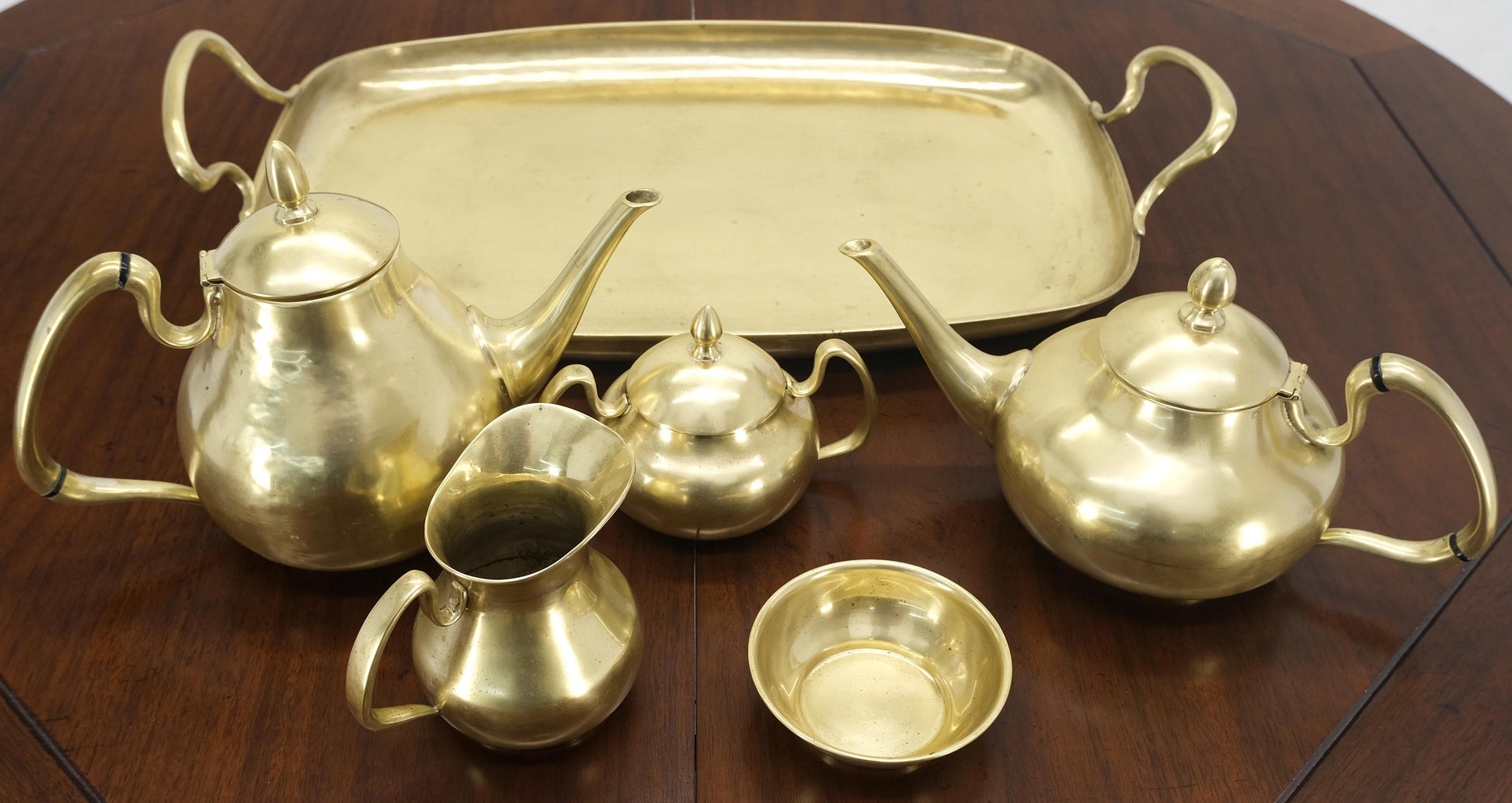 EstablishedLines Solid Brass 5 Pcs Teas Set Tray Two Pots Cream Sugar Heavy Gage Brass