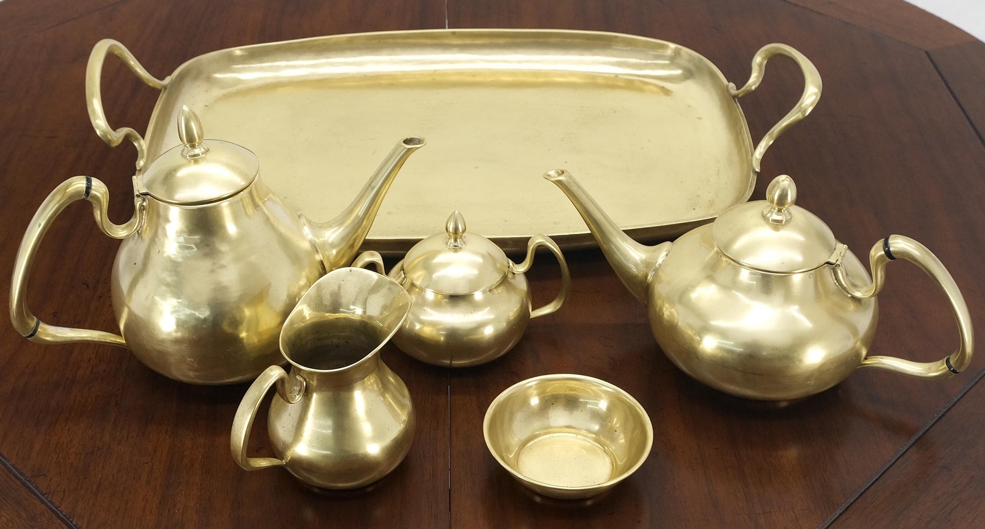 EstablishedLines Solid Brass 5 Pcs Teas Set Tray Two Pots Cream Sugar Heavy Gage Brass