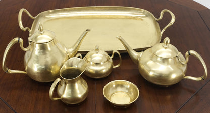 EstablishedLines Solid Brass 5 Pcs Teas Set Tray Two Pots Cream Sugar Heavy Gage Brass