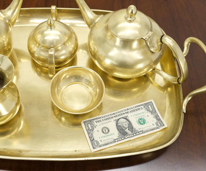 EstablishedLines Solid Brass 5 Pcs Teas Set Tray Two Pots Cream Sugar Heavy Gage Brass