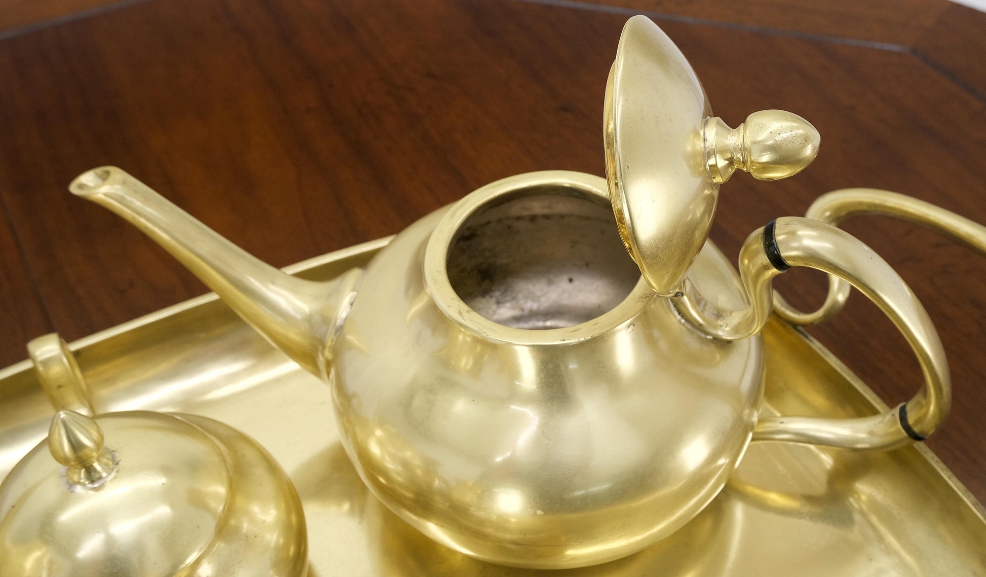 EstablishedLines Solid Brass 5 Pcs Teas Set Tray Two Pots Cream Sugar Heavy Gage Brass