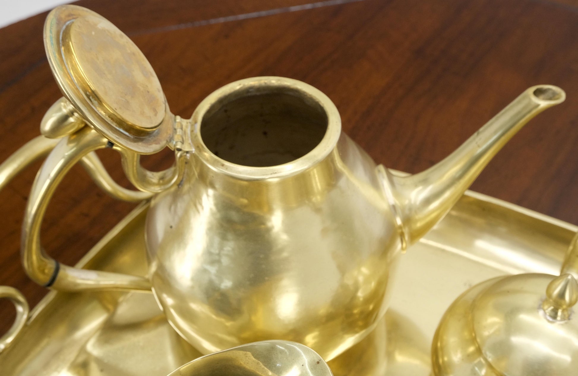 EstablishedLines Solid Brass 5 Pcs Teas Set Tray Two Pots Cream Sugar Heavy Gage Brass