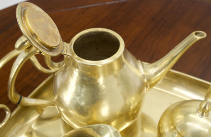 EstablishedLines Solid Brass 5 Pcs Teas Set Tray Two Pots Cream Sugar Heavy Gage Brass