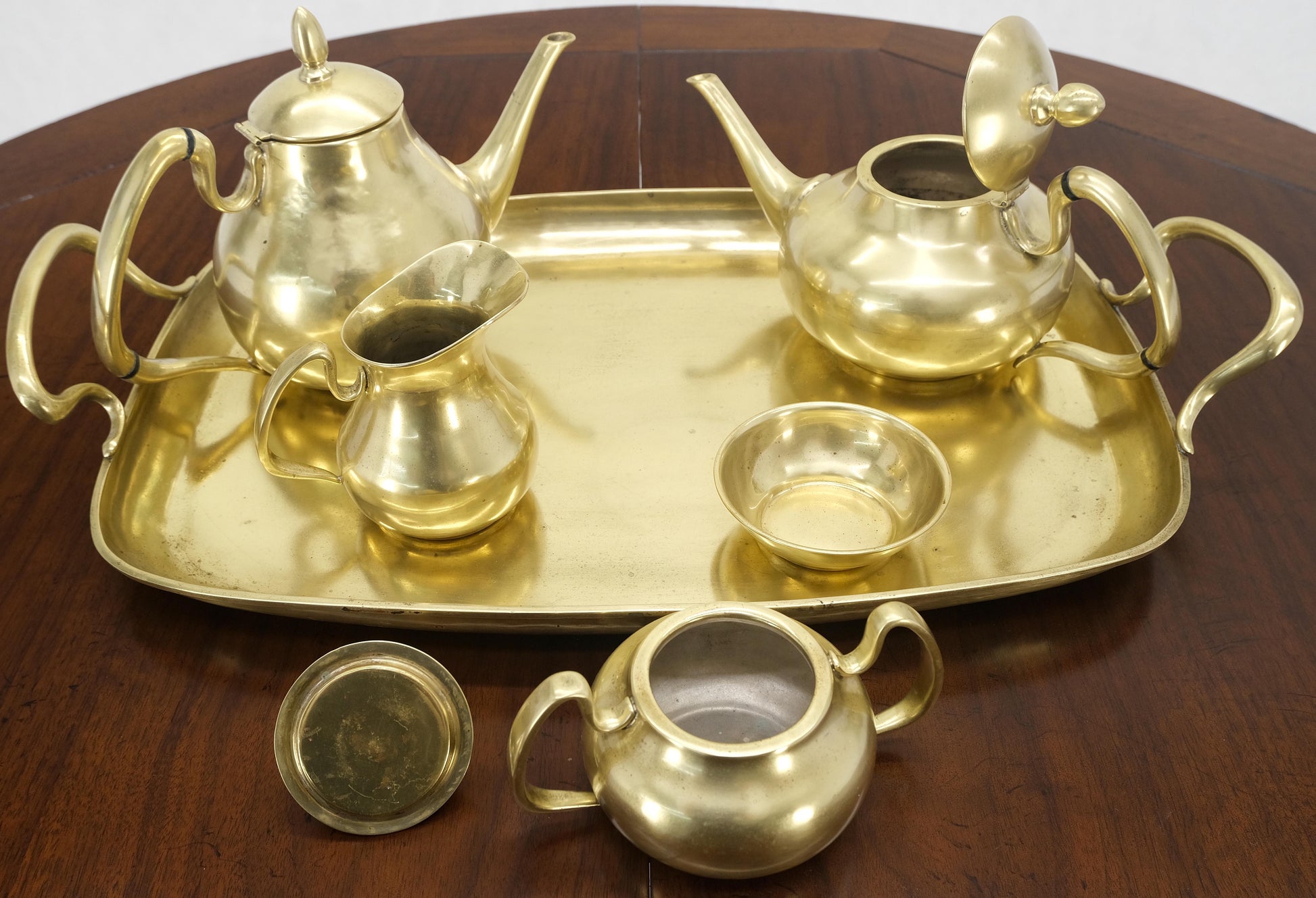 EstablishedLines Solid Brass 5 Pcs Teas Set Tray Two Pots Cream Sugar Heavy Gage Brass