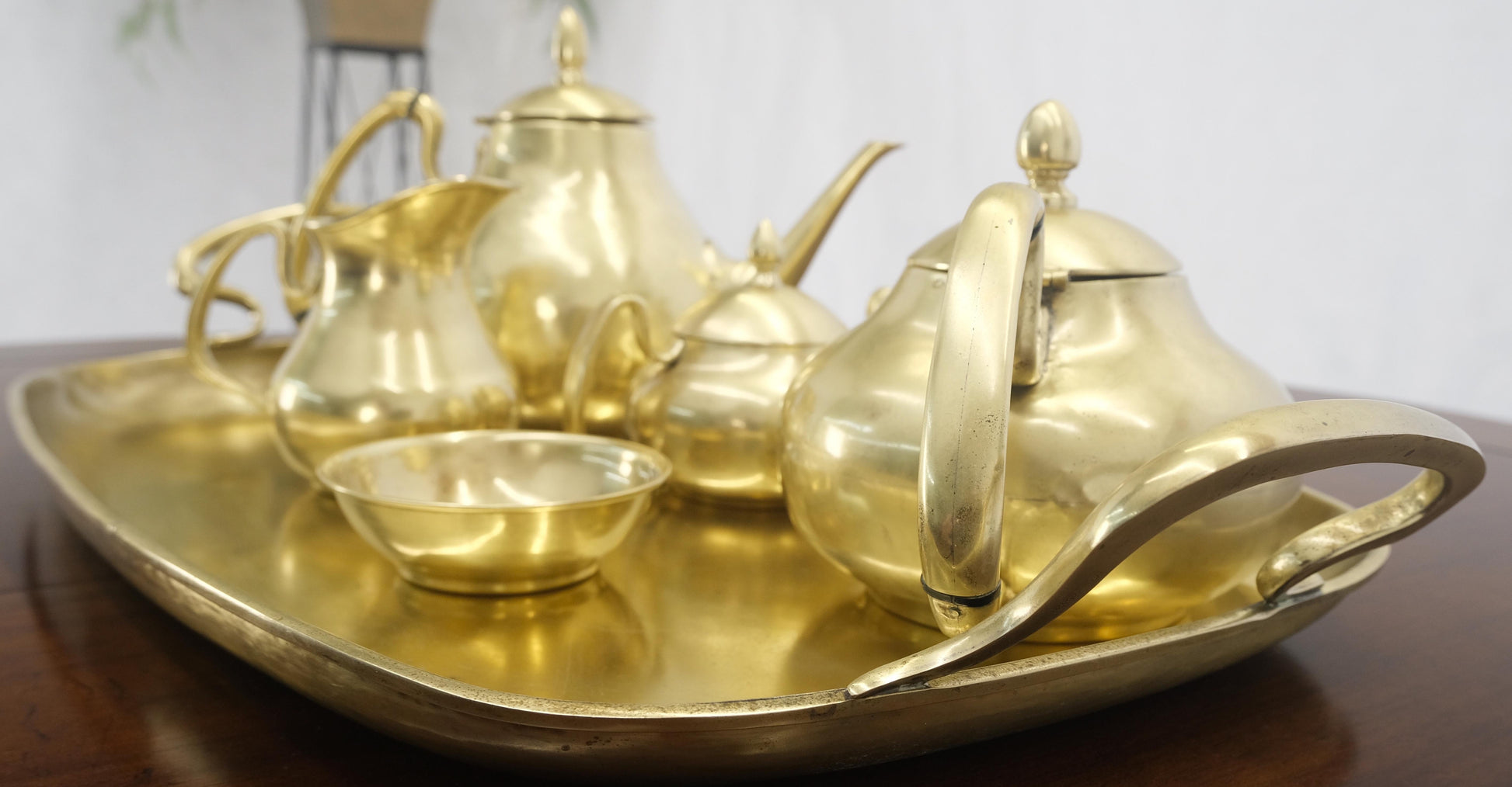 EstablishedLines Solid Brass 5 Pcs Teas Set Tray Two Pots Cream Sugar Heavy Gage Brass