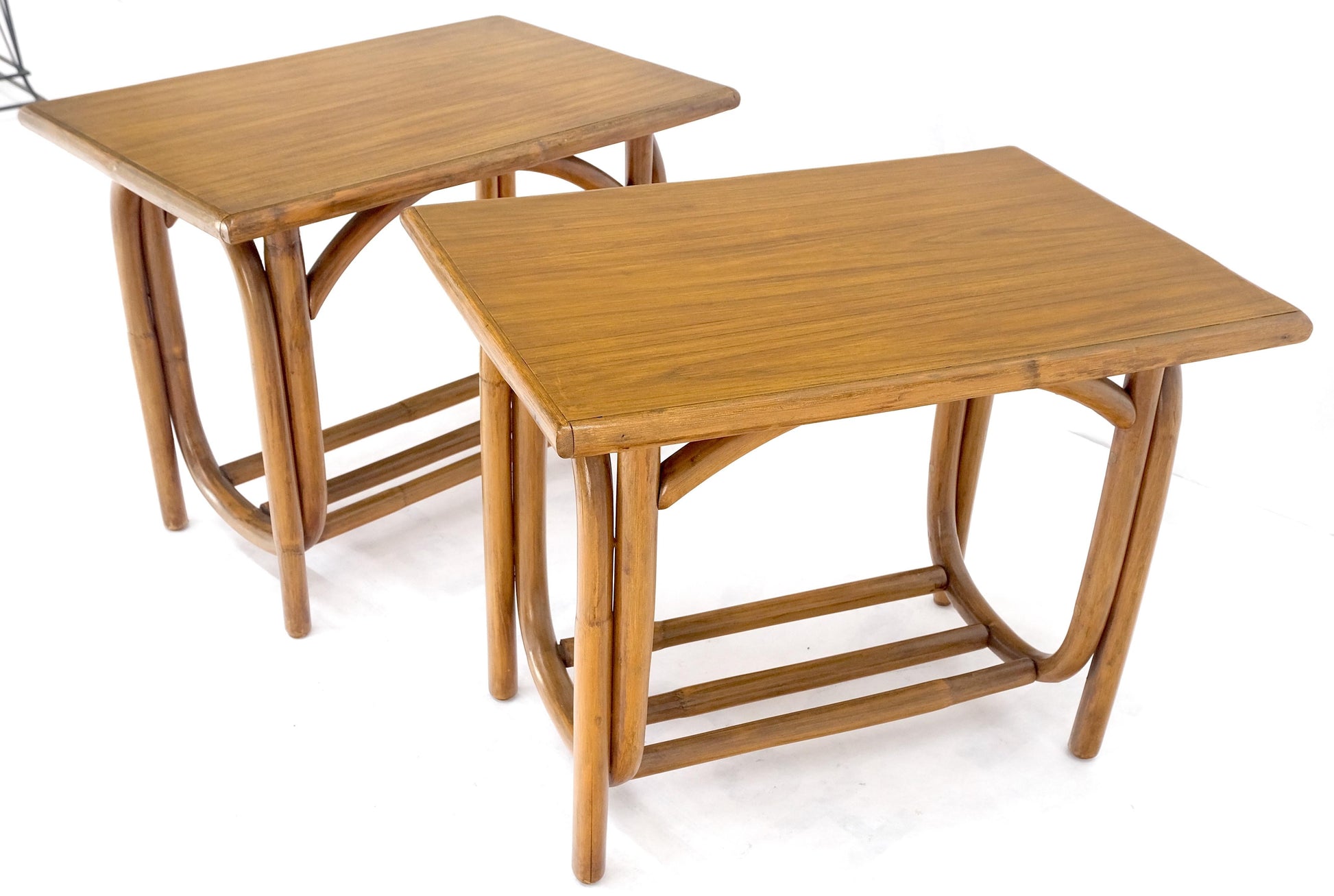 EstablishedLines Pair of Vintage c1970s Rattan Bamboo Laminated Tops Rectangle End Side Tables