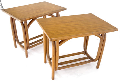 EstablishedLines Pair of Vintage c1970s Rattan Bamboo Laminated Tops Rectangle End Side Tables