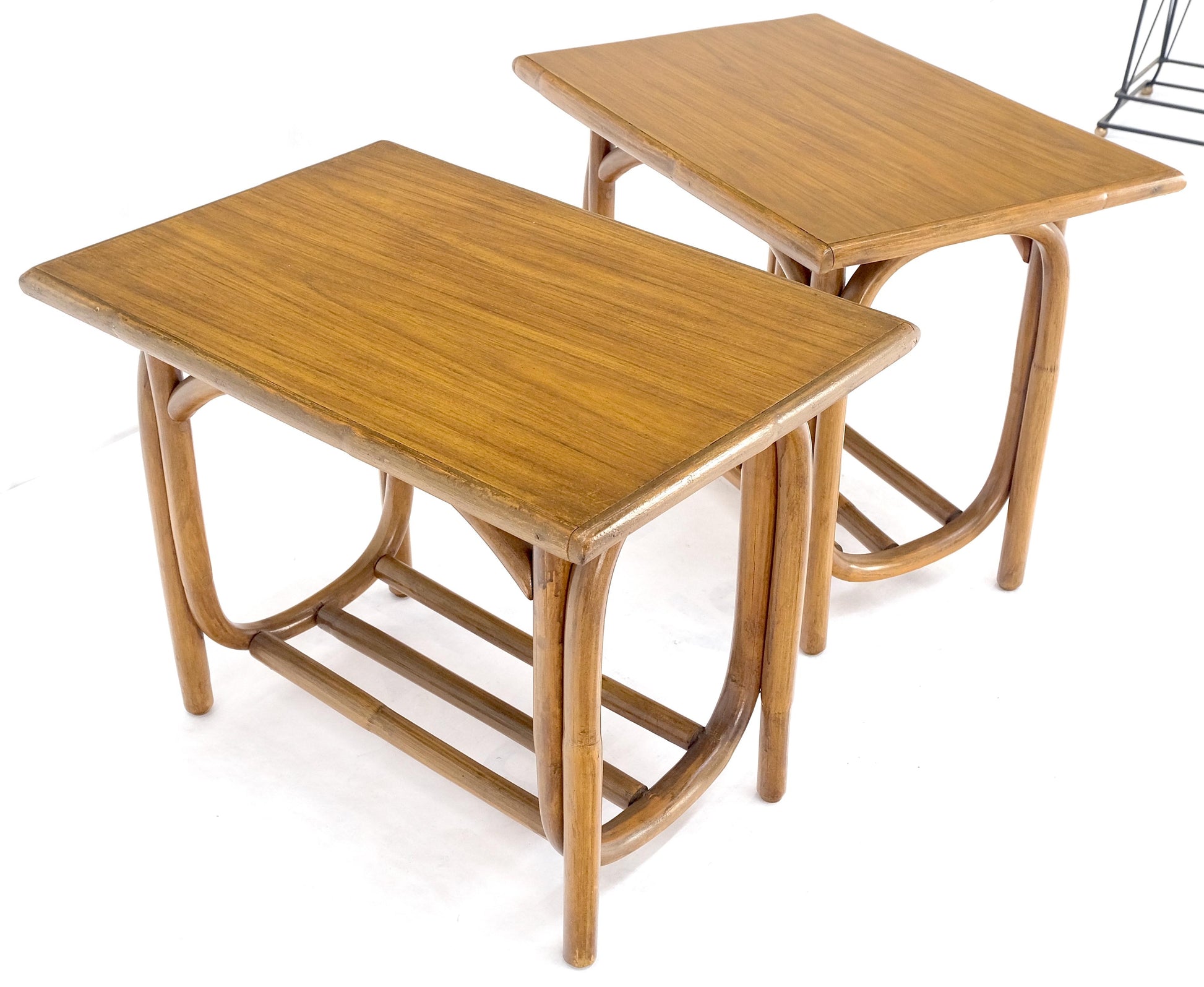 EstablishedLines Pair of Vintage c1970s Rattan Bamboo Laminated Tops Rectangle End Side Tables