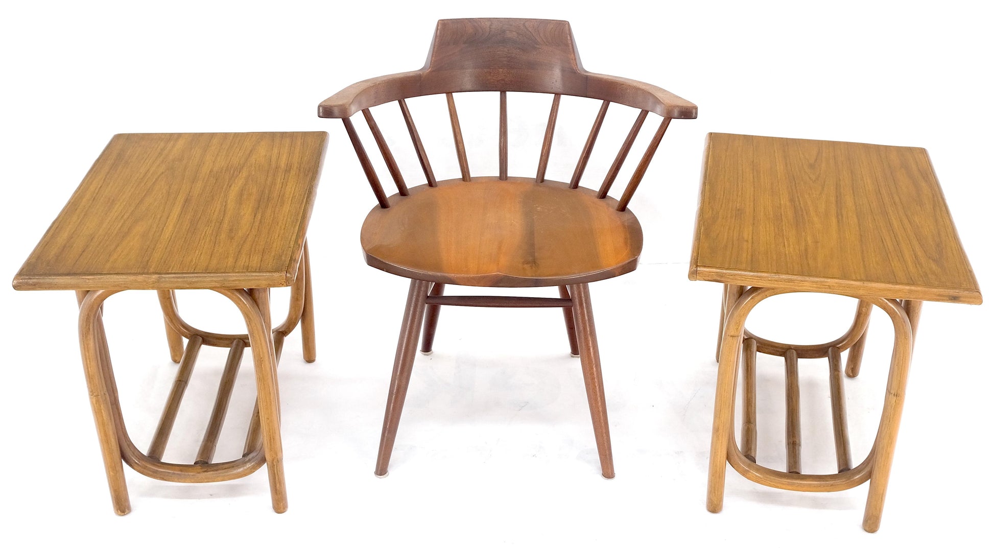EstablishedLines Pair of Vintage c1970s Rattan Bamboo Laminated Tops Rectangle End Side Tables