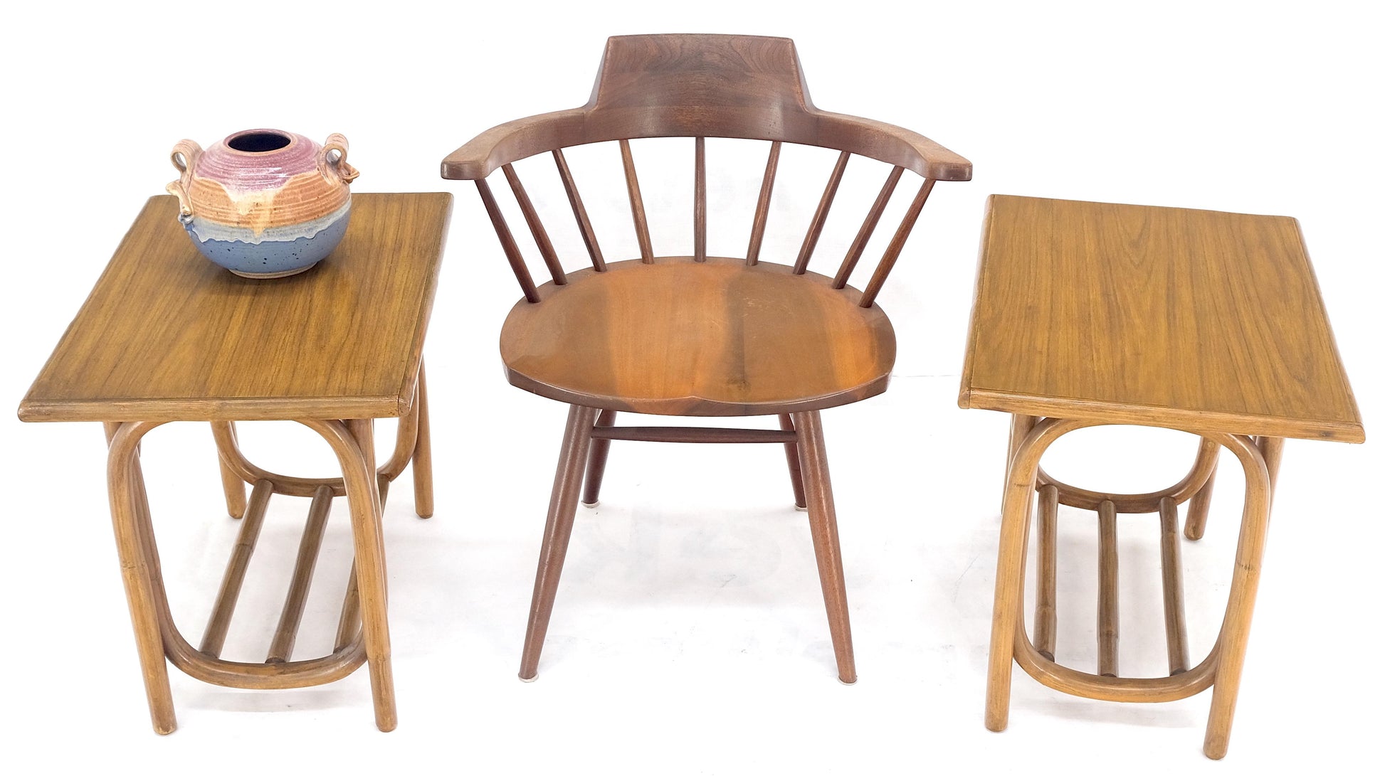 EstablishedLines Pair of Vintage c1970s Rattan Bamboo Laminated Tops Rectangle End Side Tables